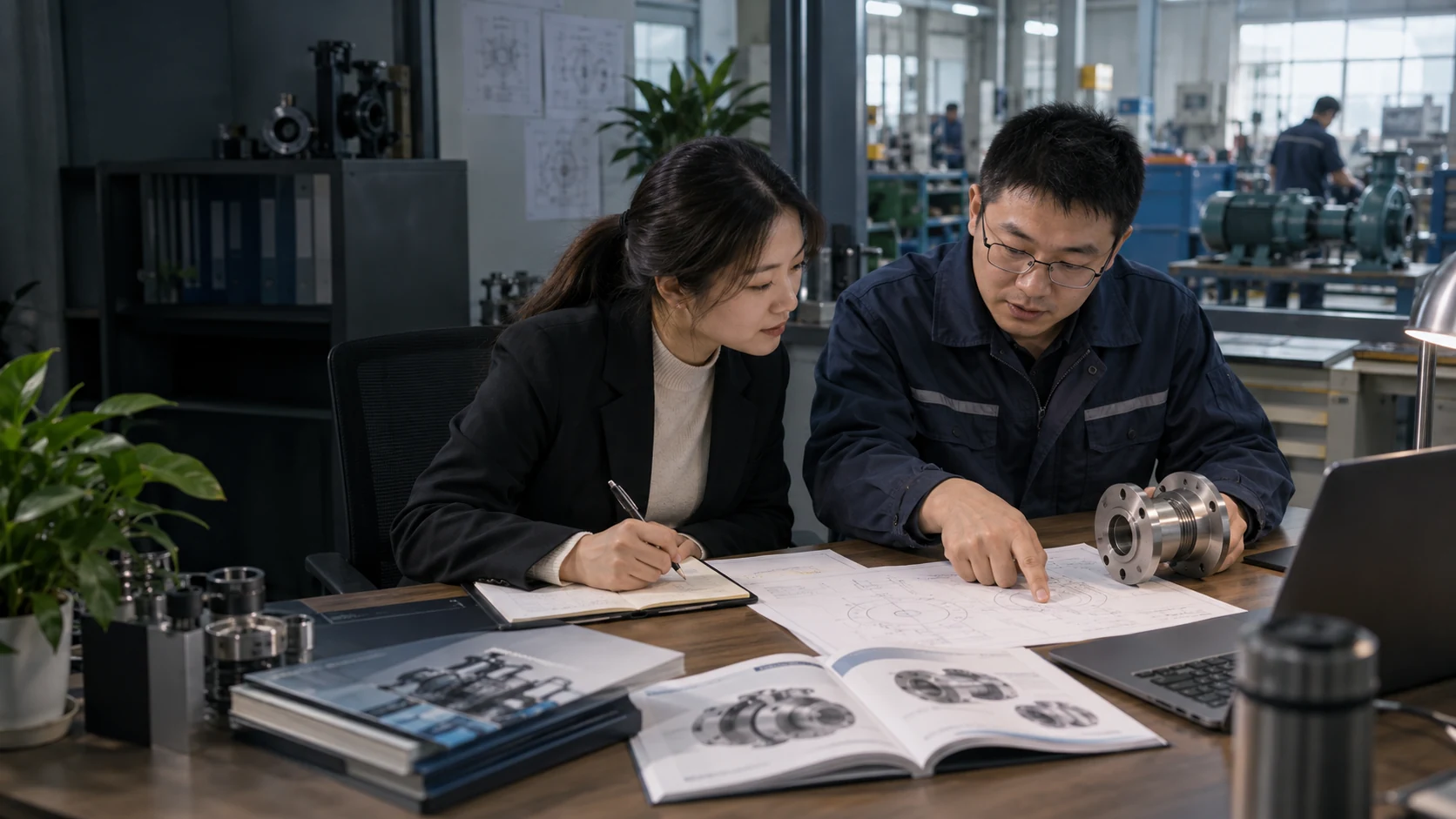 销售与技术人员对照客户需求和泵组部件讨论报价，AI生成的业务场景示意。
